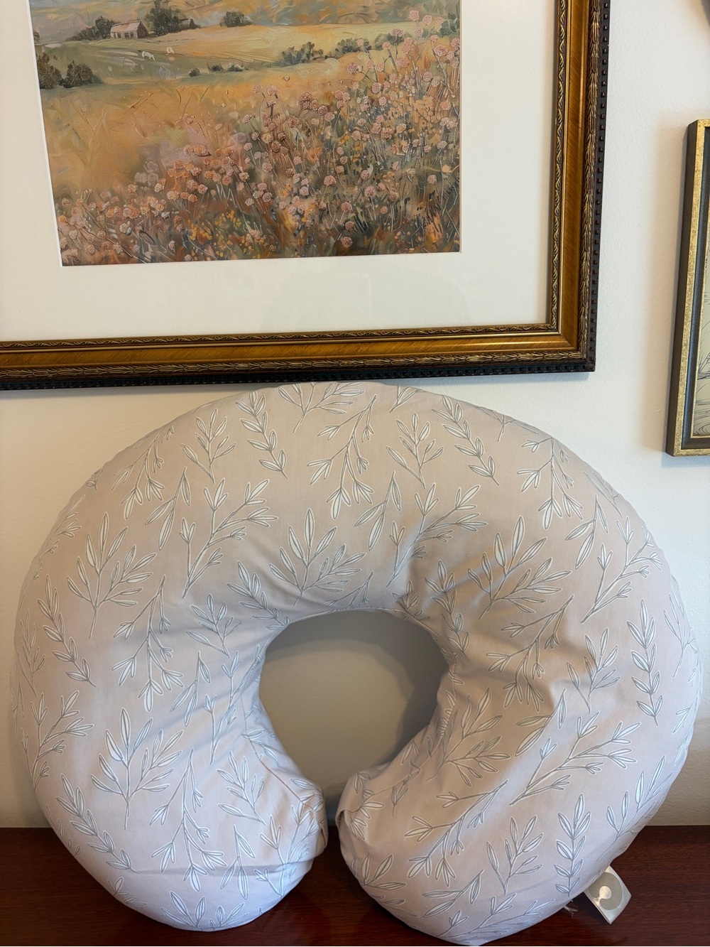 Boppy Neutral Leaf-Print Nursing Pillow in Light Taupe